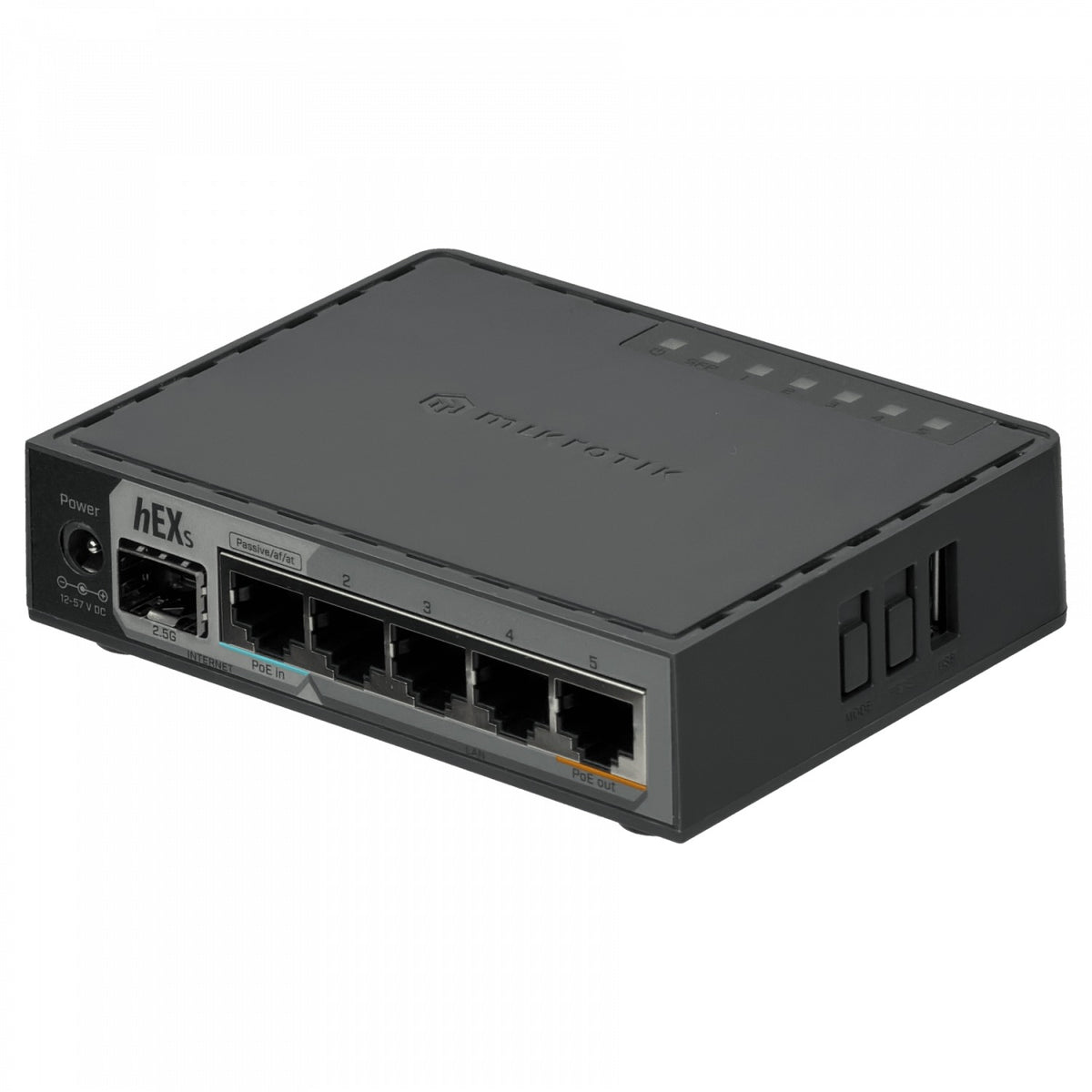 HEX S MIKROTIK 1 puerto SFP 2.5 Gbps, 5 puertos 10/100/1000 (1 con PoE), 2 cadenas 950 MHz, 256 MB, ranura microSD, USB, licencia nivel 4, incluye fuente 24V