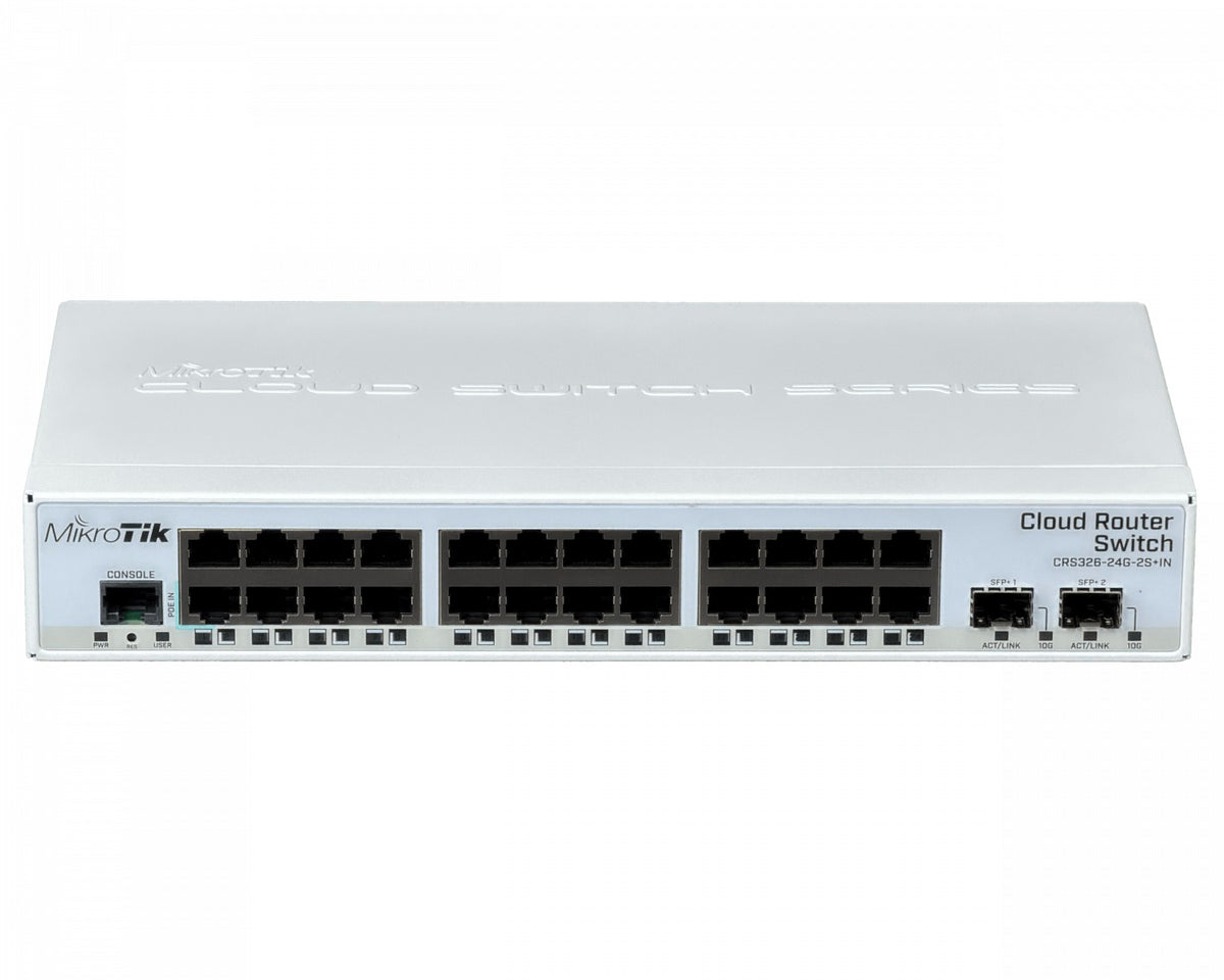 CRS326-24G-2S+IN MIKROTIK Enrutador de Capa 3 y Switch 24 Puertos 1000Base-T 2 Ranuras SFP+ 10G Puerto de Consola Licencia L5 Sobremesa
