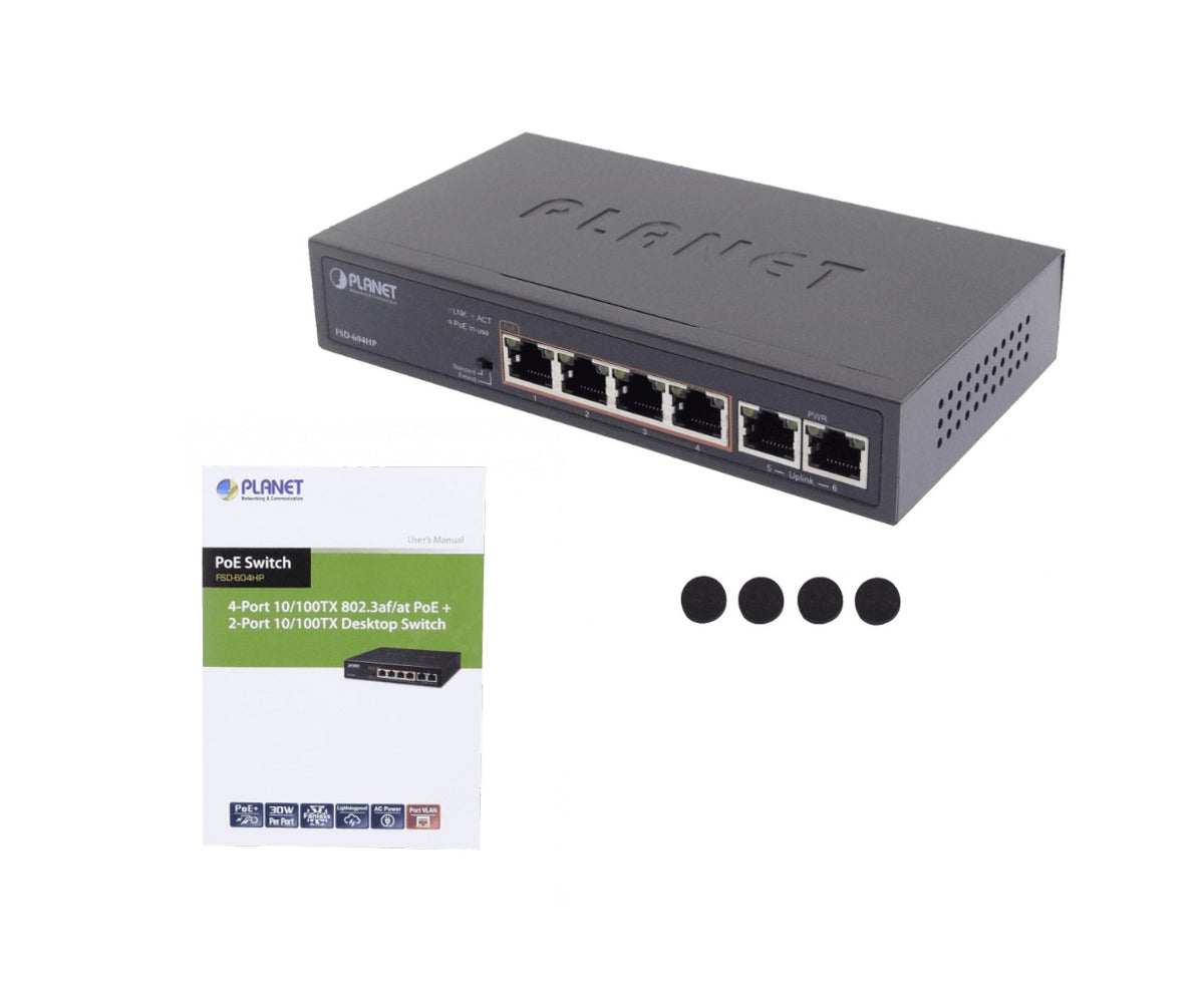FSD-604HP PLANET Switch no administrable 6 puertos 100Mbps (4 PoE+ af/at) Extensión 250m Presupuesto total 60W No montable en rack