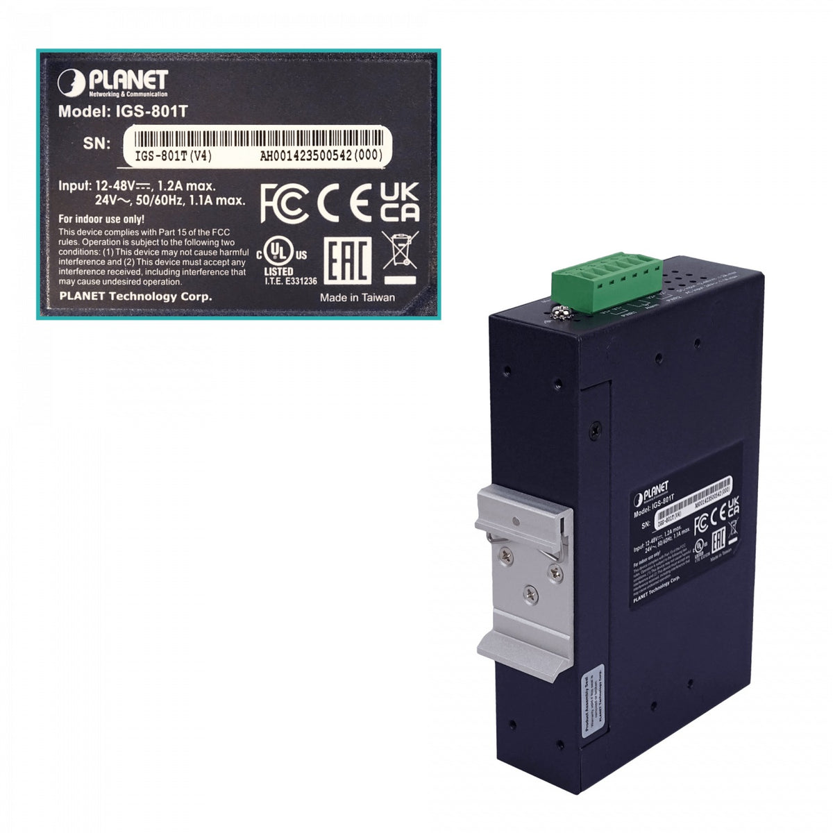 IGS-801T Switch industrial no administrable PLANET de 8 puertos Gigabit, montaje en riel DIN, alimentación 12-48 VDC/24 VAC