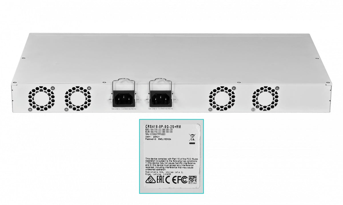 CRS418-8P-8G-2S+RM MIKROTIK 17-1000(8-PoE+) 2-SFP+ USB L2/L3 Bastidor 2-220VAC Conmutador