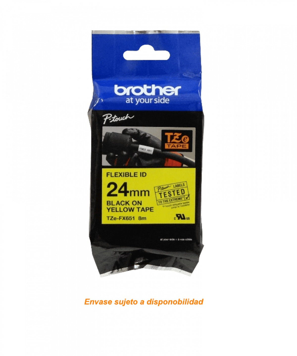 TZE-FX651 BROTHER Flex 24mm Negro en Fondo Amarillo Cinta 8mt p/PT-E550WVP/D600V
