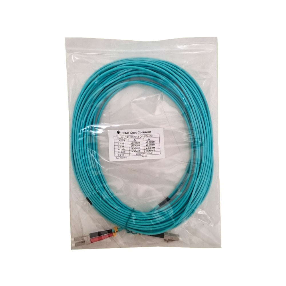 JF3LL15 Jumper de fibra óptica dúplex multimodo OM3, conectores LC a LC, cable de 3,0 mm 50/125 µm, cubierta LSZH, longitud de 15 metros.