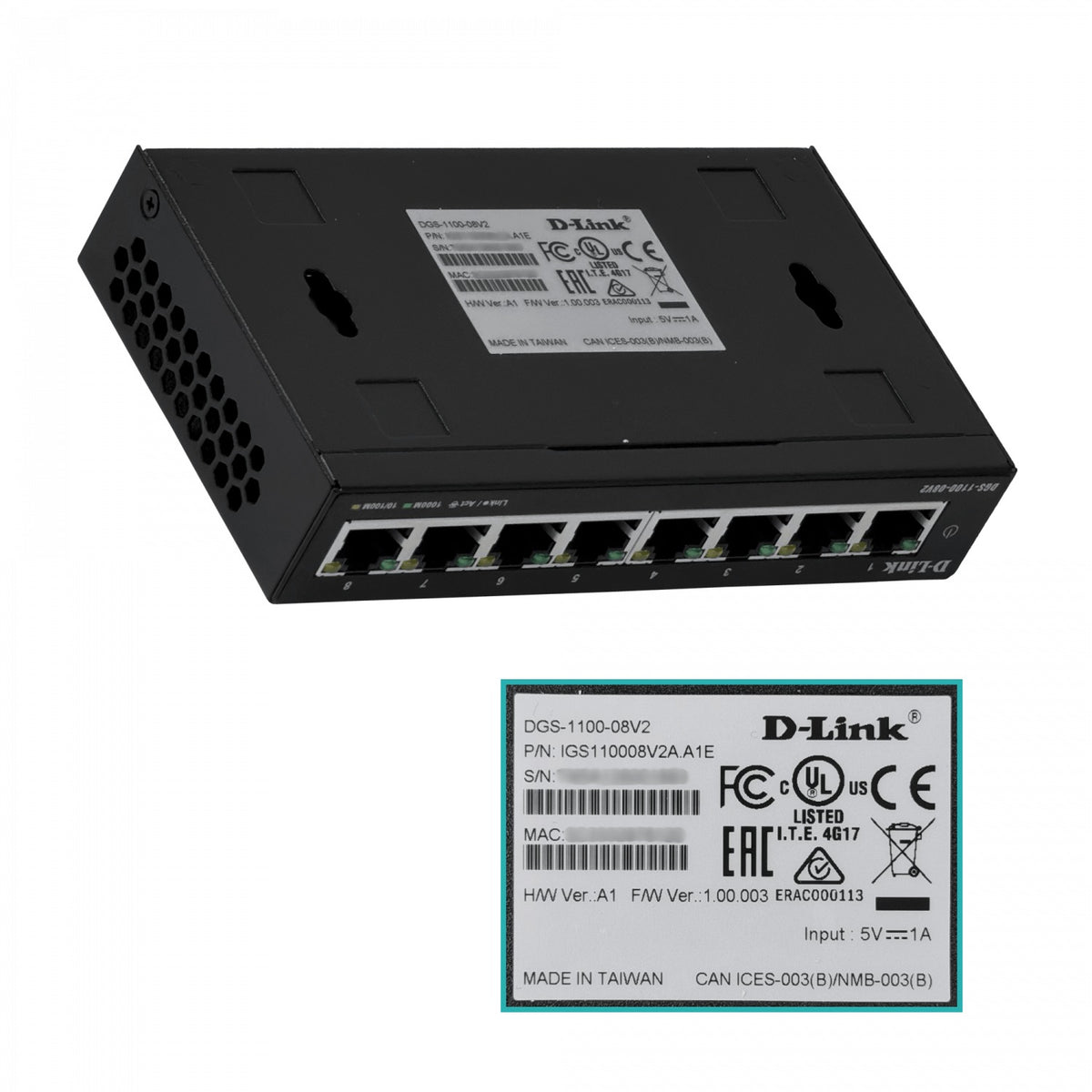 DGS-1100-08V2 D-LINK versión 2, switch inteligente de 8 puertos 1000, formato no rackeable, con fuente de alimentación externa de 5V/1A