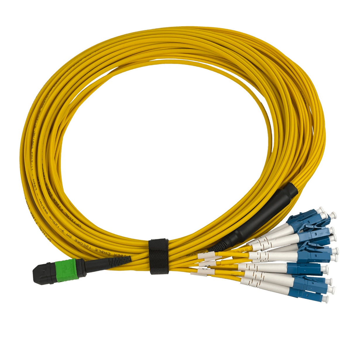 JFSLM6 Cable Jumper de Fibra Óptica Monomodo 9/125um, 6 metros totales, 12 LC de 1.5m y 1 MPO de 4.5m