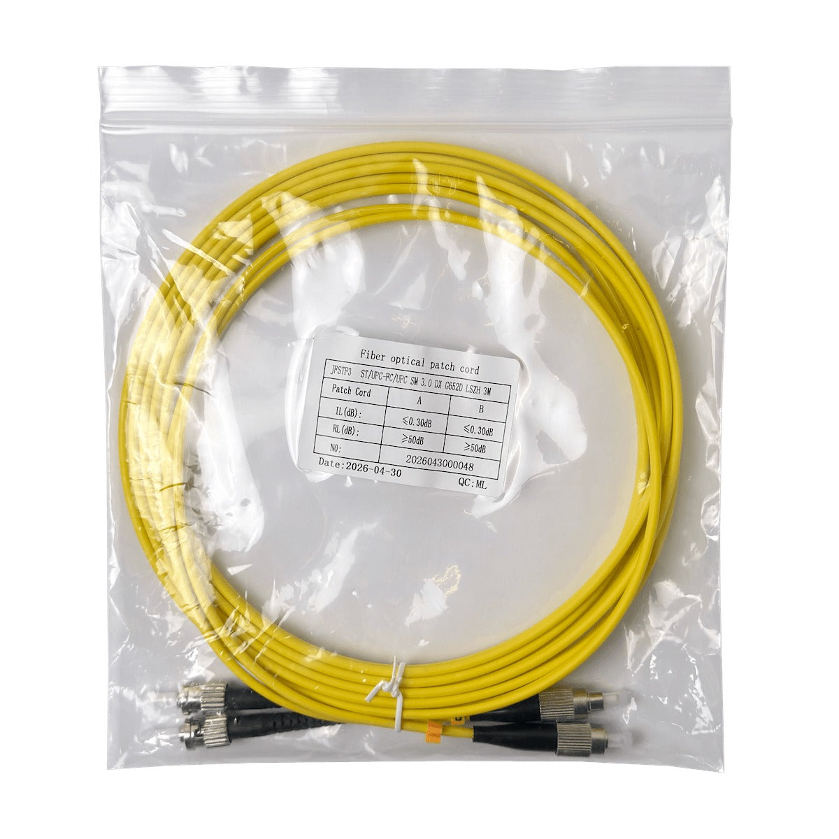 JFSTF3 Cable puente de fibra óptica monomodo dúplex ST a FC, 3 metros, diámetro 3.0mm, núcleo/revestimiento 9/125µm, cubierta LSZH
