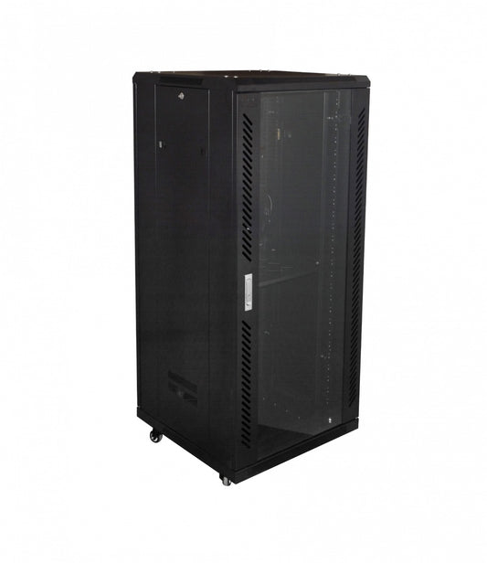 RK27-6L LINKMADE Armario Rack de Vidrio 27U con 600mm de Fondo, Turbina, PDU y Bandeja en Negro