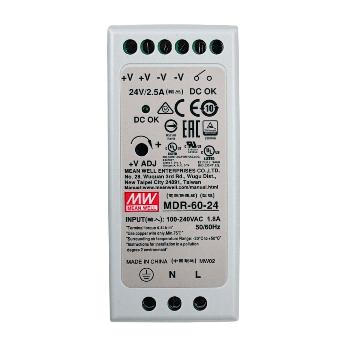 MDR-60-24 MEANWELL Fuente de Alimentación de 24VDC, 60W y 2,5A Ajustable para Riel DIN de 42mm de Ancho
