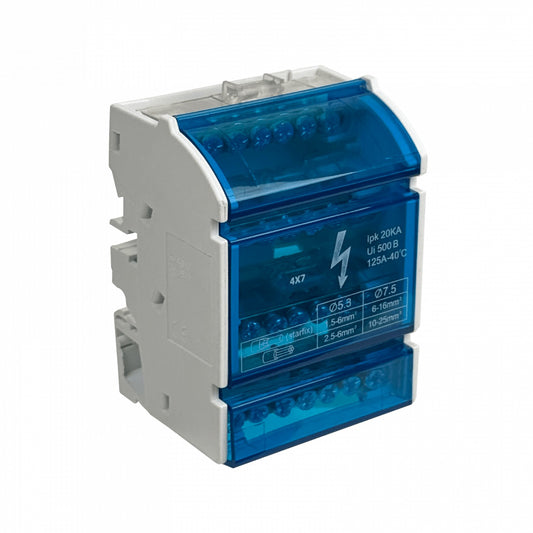 REPA-28. 4x7-Polos Distribuidor Tetrapolar 125A 40°C 500V 1,5-25mm² poder de corte 20kA