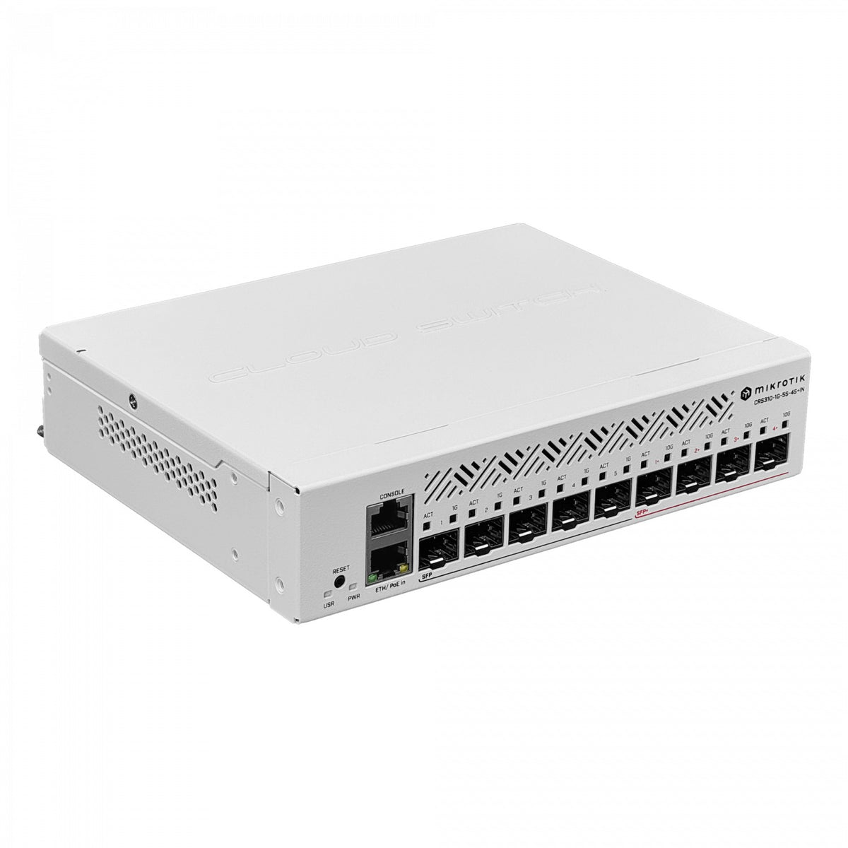 CRS310-1G-5S-4S+IN MIKROTIK Licencia nivel 5 Cinco puertos SFP Cuatro puertos SFP+ de 10 Gigabits Un puerto Gigabit Ethernet con PoE de entrada Alimentación por conector DC Incluye adaptador de 24 voltios Switch gestionable