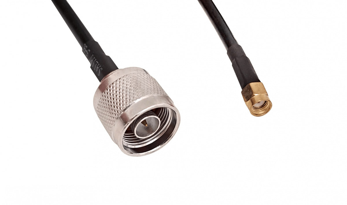 RM2NM-5. Cable coaxial negro RG58 de 5 metros con conectores RPSMA macho y N macho