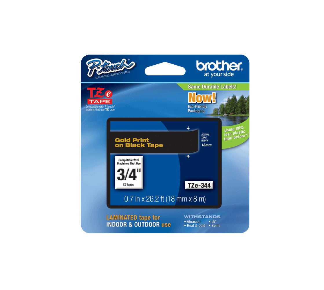TZE-344 BROTHER 18mm Dorado sobre Negro Cinta 8 metros para PT-E300/E550/D600