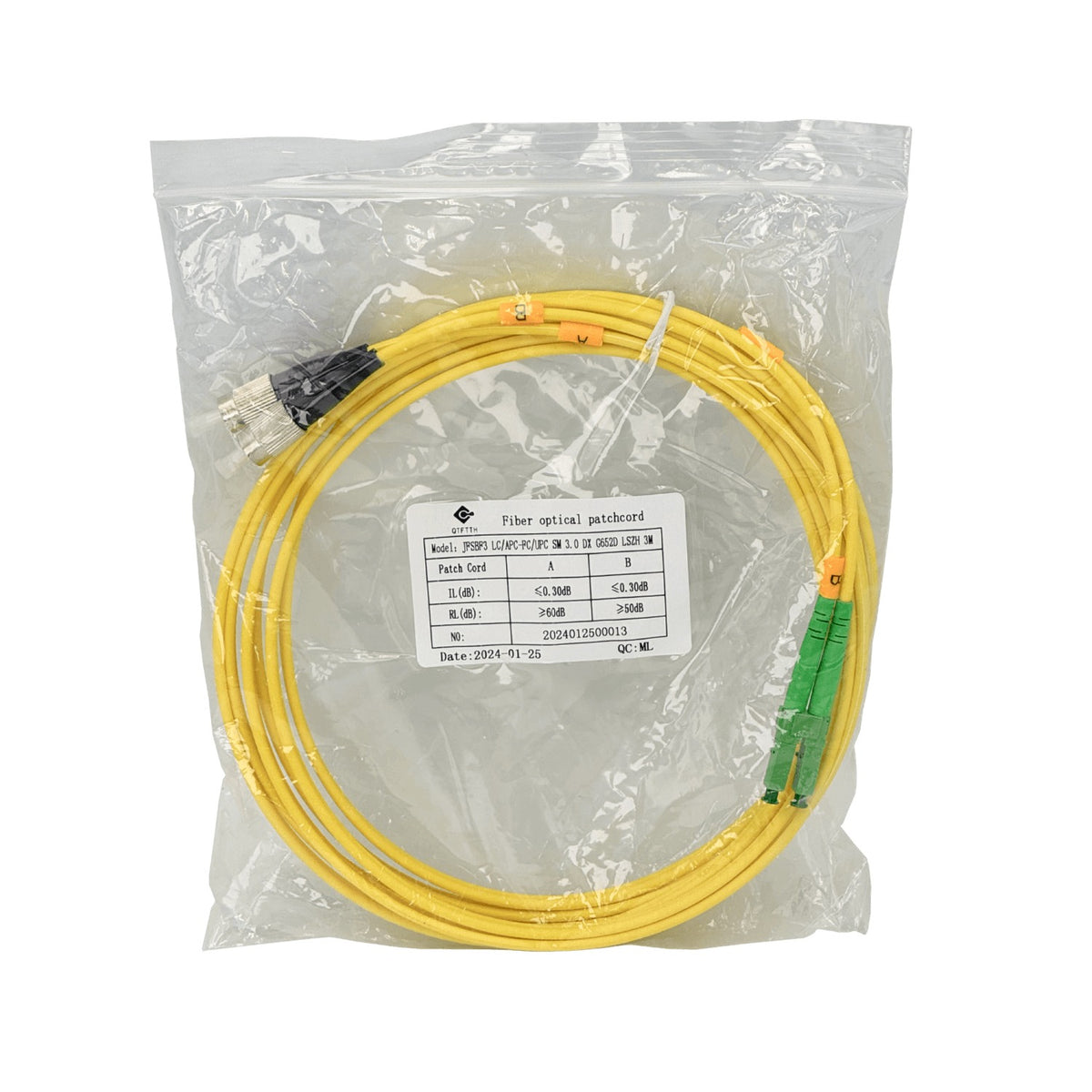 JFSBF3. Cable puente de fibra óptica monomodo dúplex de 3 metros, con conectores LC/APC a FC/UPC, núcleo de 9/125 µm y cubierta de 3 mm.