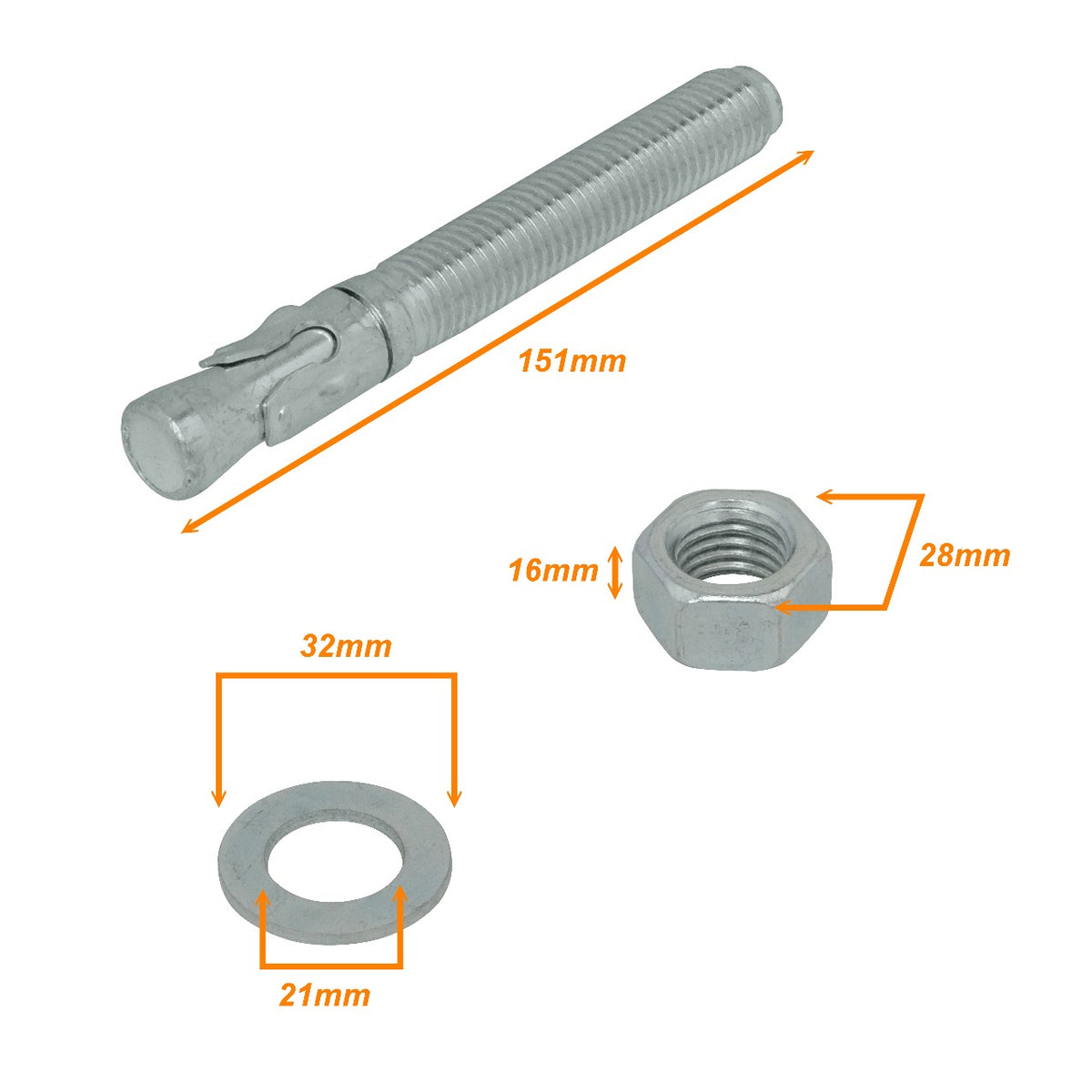 MAST-PA150 Espárrago de Fijación 150mm-Longitud 20mm-Broca 28mm-Tuerca incluye-Golilla