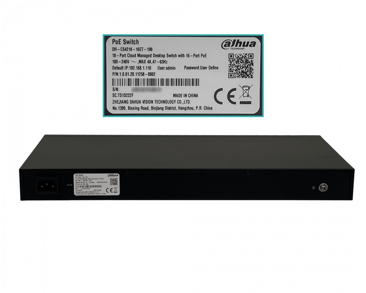 PFS4218 DAHUA Conmutador de Consola para Rack 16 Puertos 100M-PoE+af/at/bt 2 Puertos 1000M 2 Ranuras SFP 190W Totales