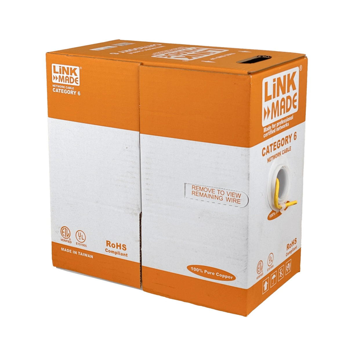 CB6L-UM3 Cable unifilar CAT6 UTP color amarillo de cobre con cubierta de PVC en caja de 300 metros fabricado en Taiwán por LINKMADE