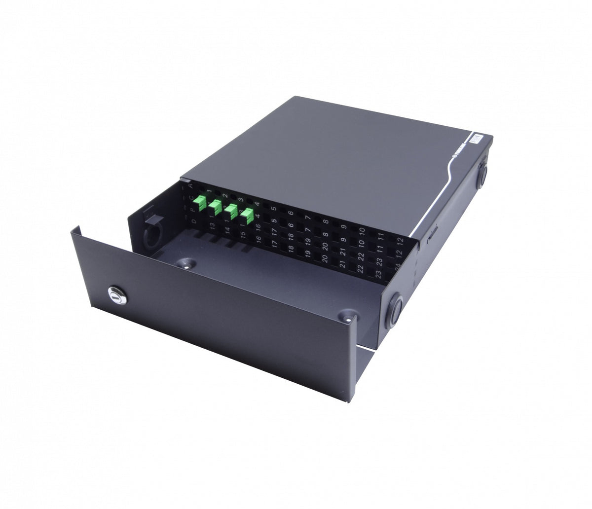 CFM-TFCL Caja Mural Negra para Fibra Óptica 24 Puertos SC/LC y ST/FC 423x325mm con 4 Adaptadores SC/APC