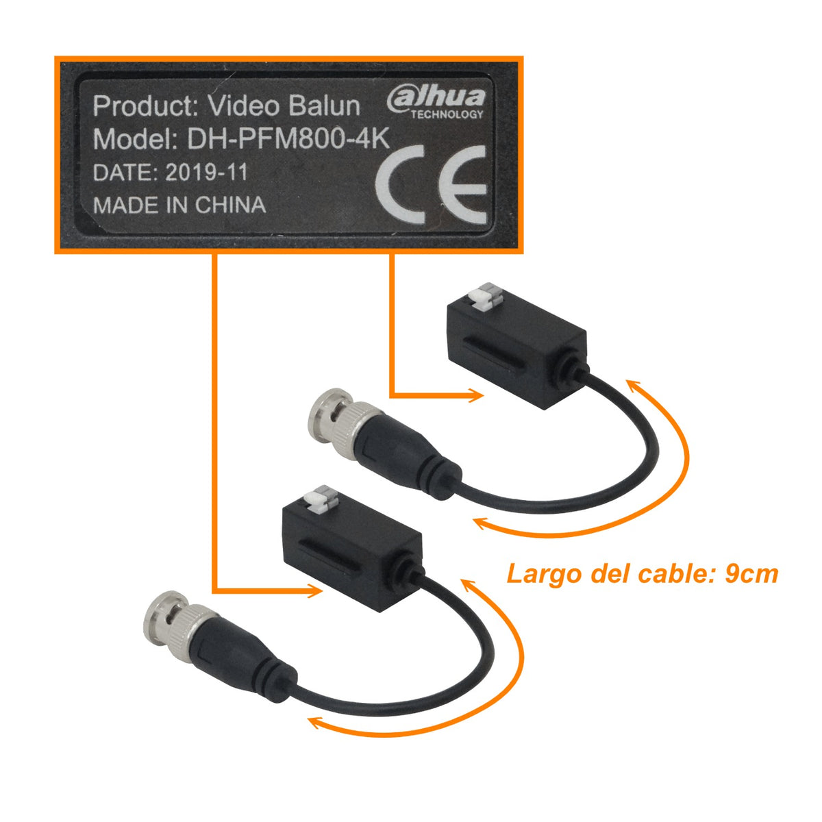 BALUN-HD4 DAHUA Transmisor de Video 4K 1-Par Conexión Rápida CAT5E/6 Pasivo CCTV BNC-Macho