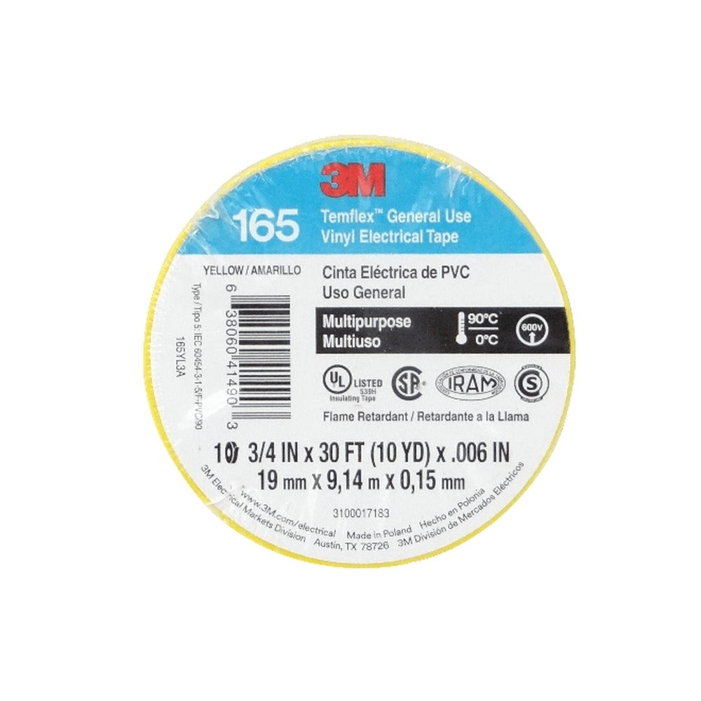 TEMFLEX-9M Cinta Aislante Eléctrica de PVC 3M 9 metros Amarilla 19mm de ancho 0,15mm de espesor 600V 90ºC