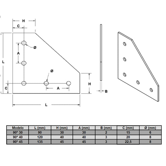 Escuadra metálica 90° para perfil estructural 40 mm acabado mate (2 piezas)