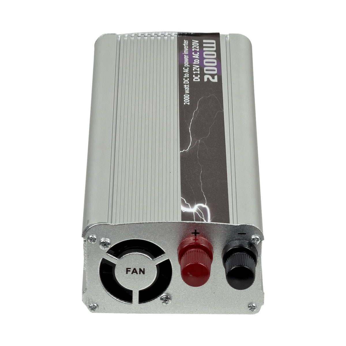 INV-2000W. Convertidor de corriente 2000W entrada 12VDC salida 220V 1 enchufe multinorma 1 puerto USB-A con ventilador