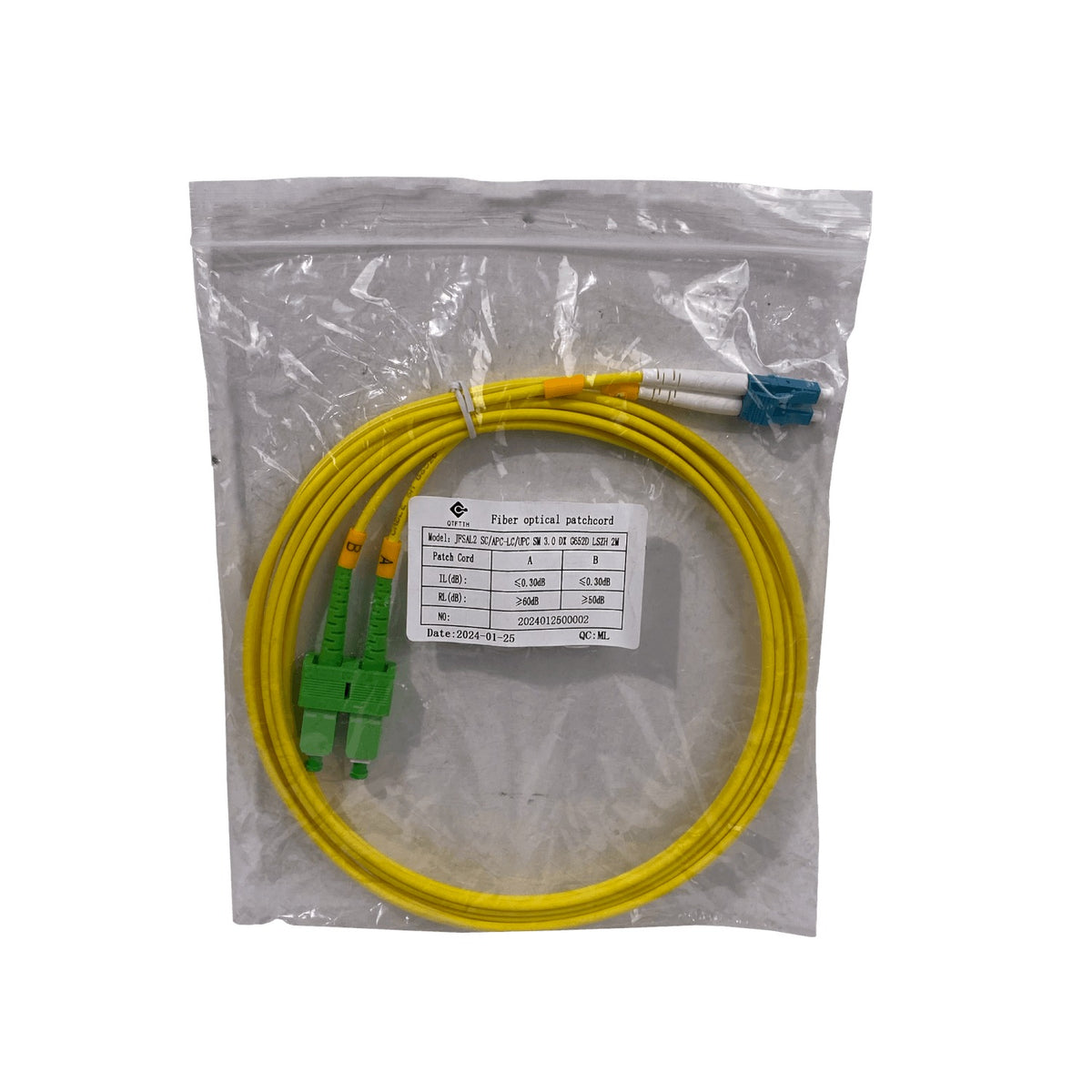 JFSAL2 Cable Jumper de Fibra Óptica Monomodo Dúplex SC/APC a LC/UPC de 2 Metros, 9/125µm y 3mm
