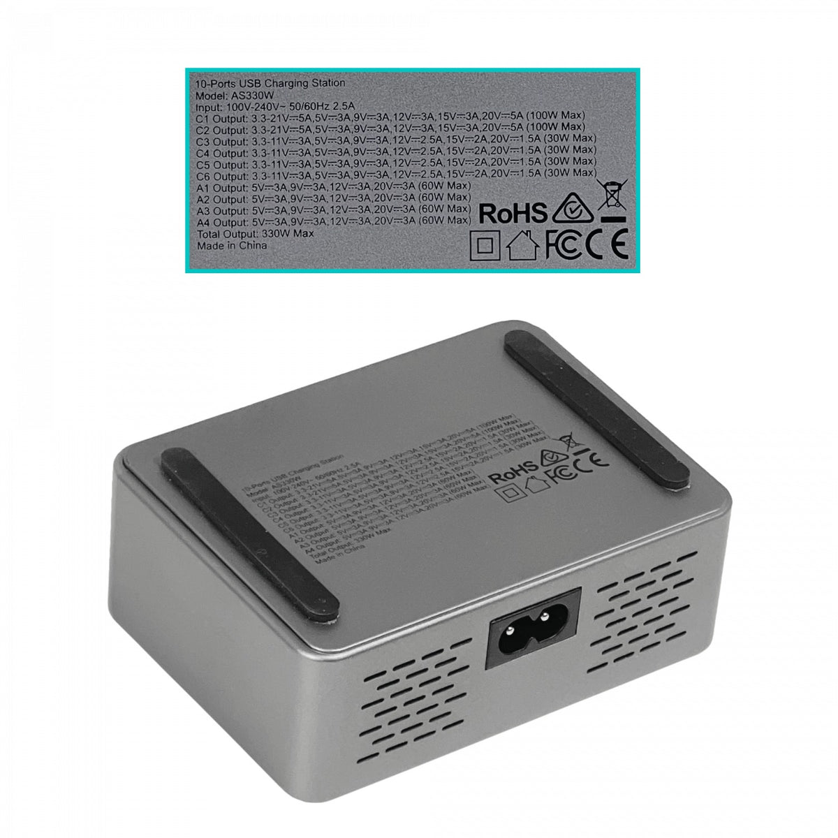 CARGA-330W Central de Carga 330W 4-Puertos-USB-AH 5-20VDC 6-Puertos-USB-CH 3-21VDC Entrada 100-240VAC
