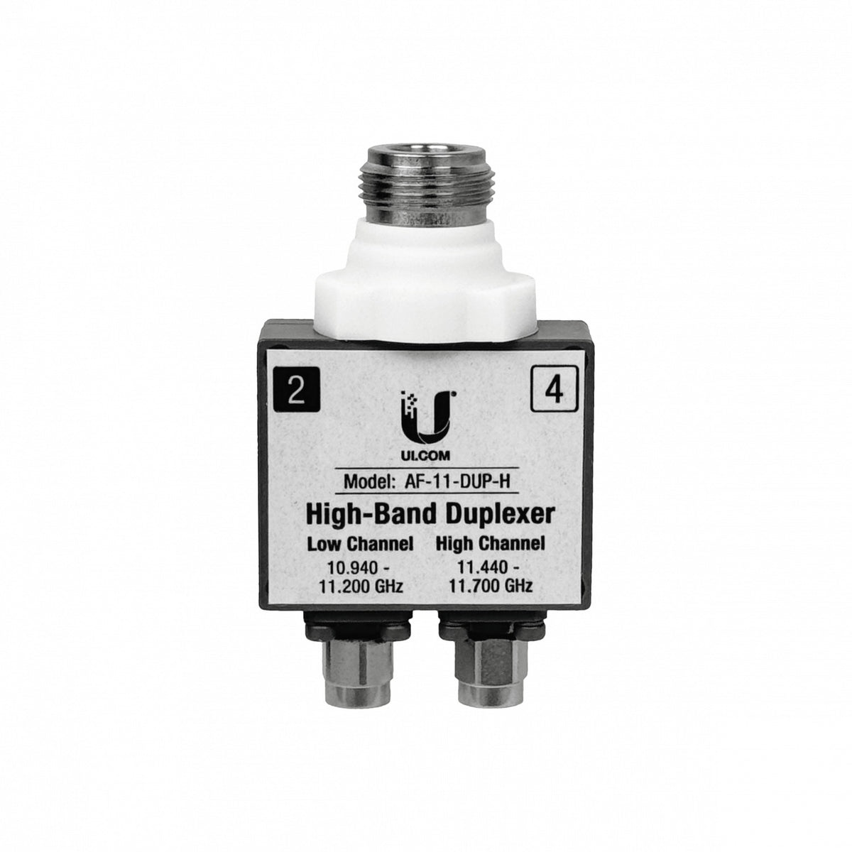 AF-11FX-DUP-H. Duplexor para AF-11 de UBIQUITI, bandas de 10,9–11,2 GHz y 11,4–11,7 GHz, 2 conectores SMA macho y 1 conector N hembra, modelo AF-11-DUP-H.