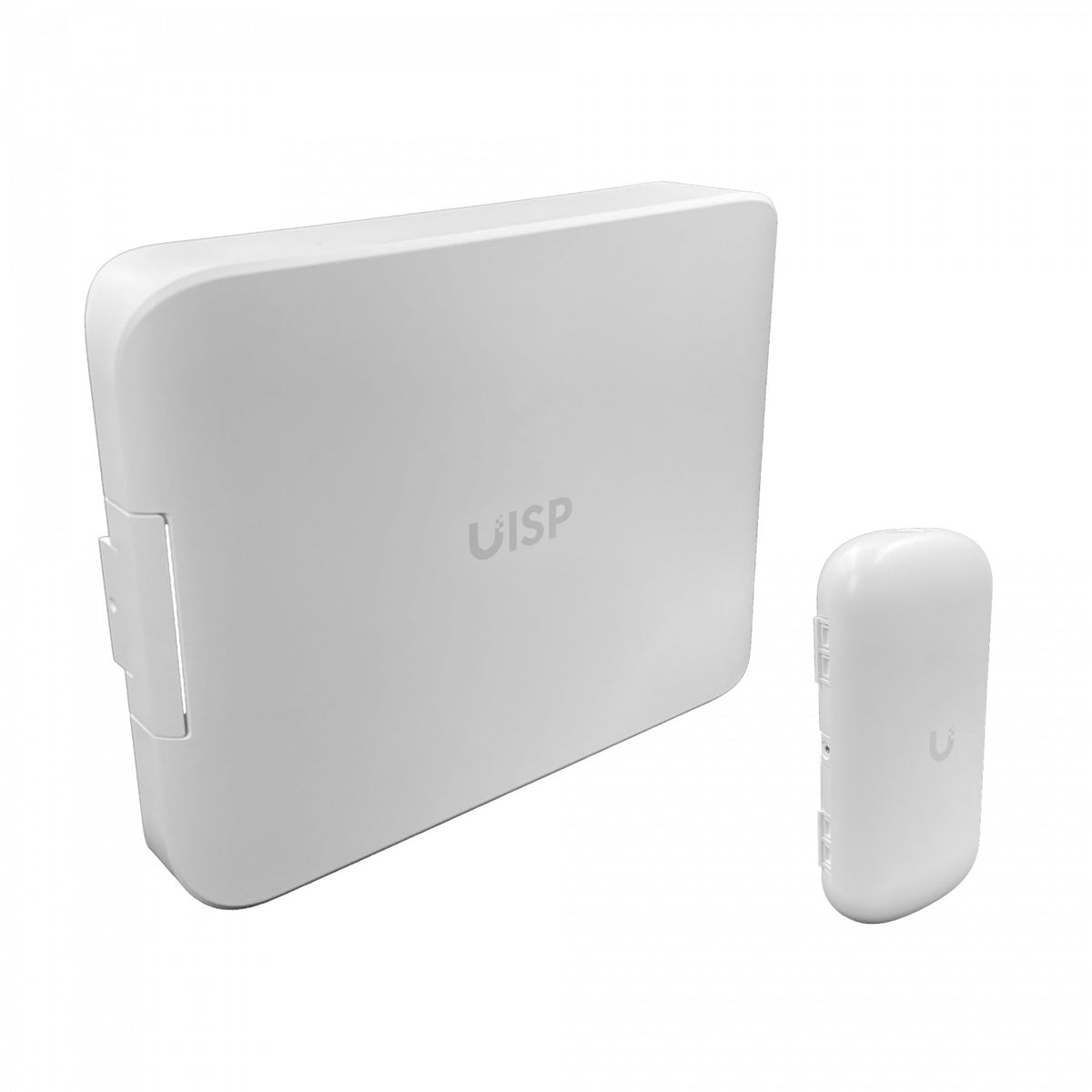 UISP-BOX-PLUS. Carcasa exterior IPX6 para UISP-S-PLUS, compatible con muro o poste de 35–60 mm, dimensiones 380x293x76 mm, UBIQUITI