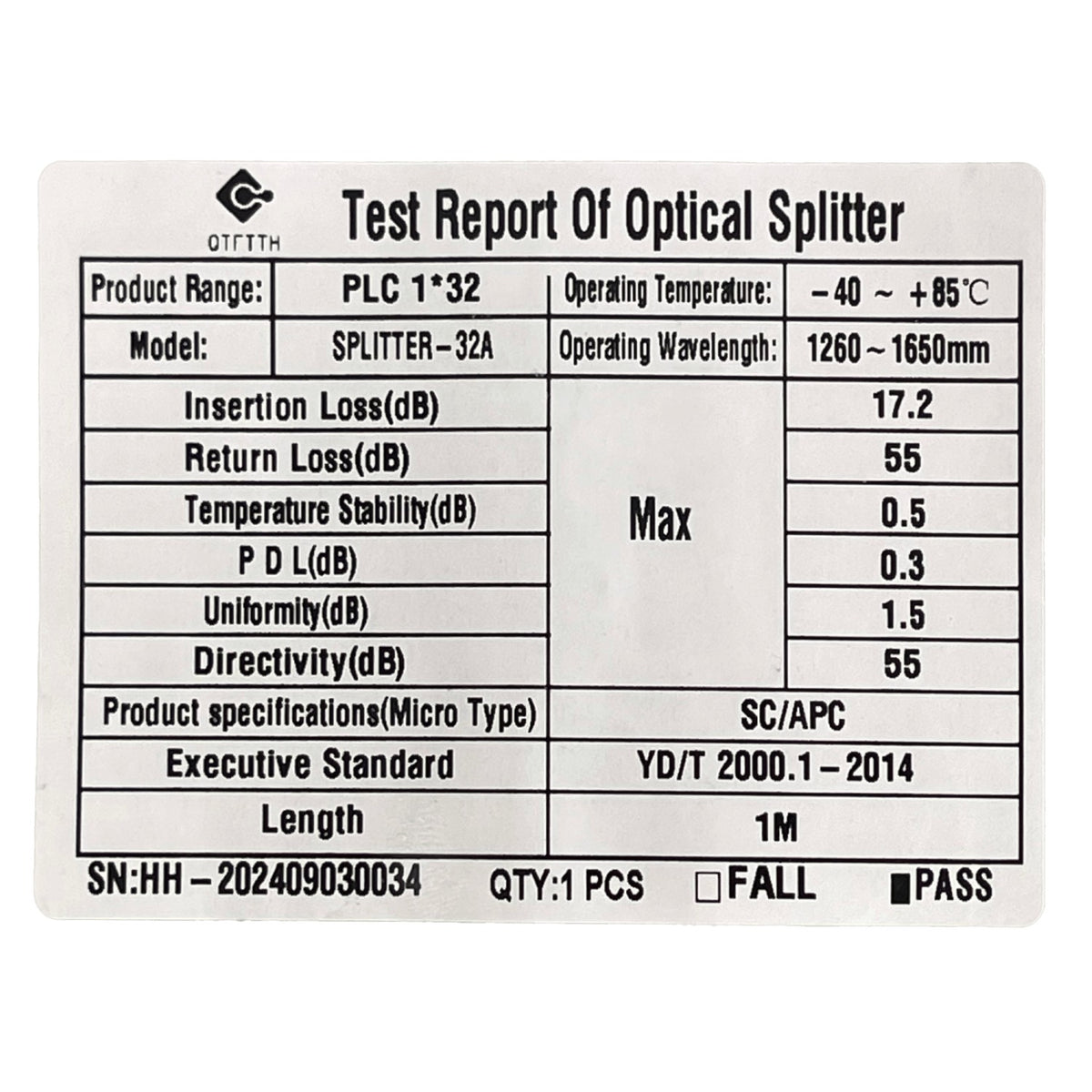 SPLITTER-32A Repartidor Óptico PLC 1x32 SC/APC para Redes GEPON/GPON Fibra G657A1 0,9mm Rango 1260-1650nm