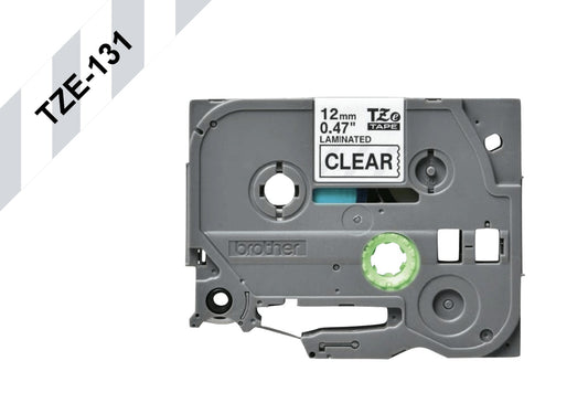 TZE-131 BROTHER 12mm Negro en Fondo Transparente Cinta 8mt p/PT-H110/9700PC