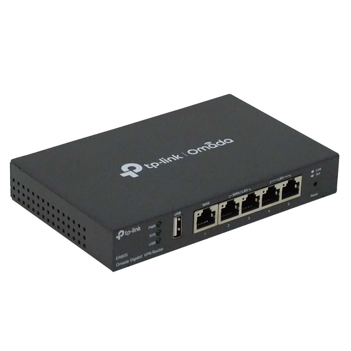 ER605 Router Omada TP-LINK con puertos WAN/LAN de 5 a 1000 Mbps y puerto USB para WAN, incluye fuente de alimentación de 12V/1A