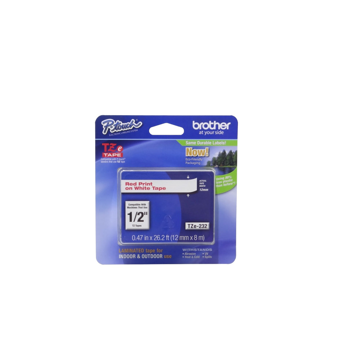 TZE-232 BROTHER 12mm Rojo en Fondo Blanco Cinta 8mt p/PT-H110