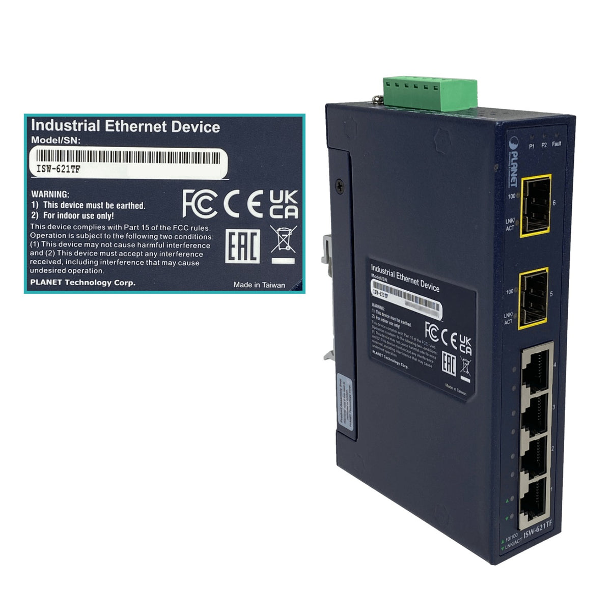 ISW-621TF PLANET 4-Puertos-100 2-Ranuras-SFP-100 Conmutador Industrial no-Gestionable Carril-DIN 12-48VDC/24