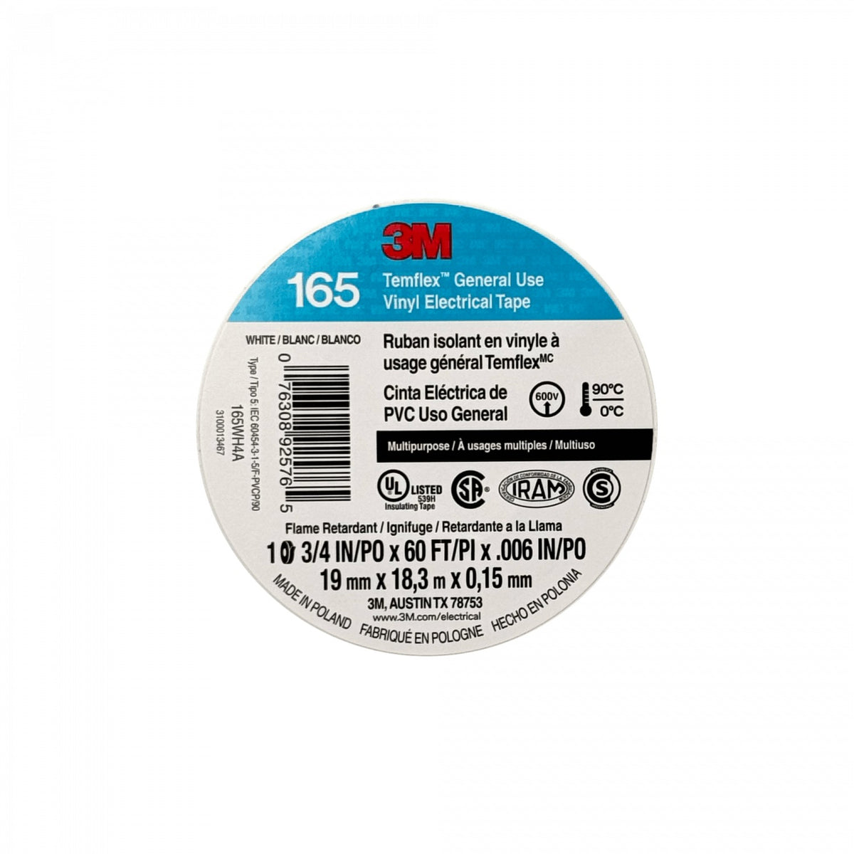 TEMFLEX-18W 3M 18mt 165 Blanca Cinta Aislante PVC 19mm 0,15mm 600V 0-90ºC