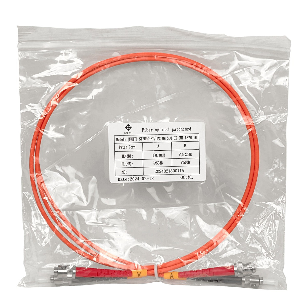 JFMTT1 Cable de fibra óptica dúplex multimodo OM1 ST-ST de 1 metro, núcleo/revestimiento 62.5/125 µm, cubierta LSZH