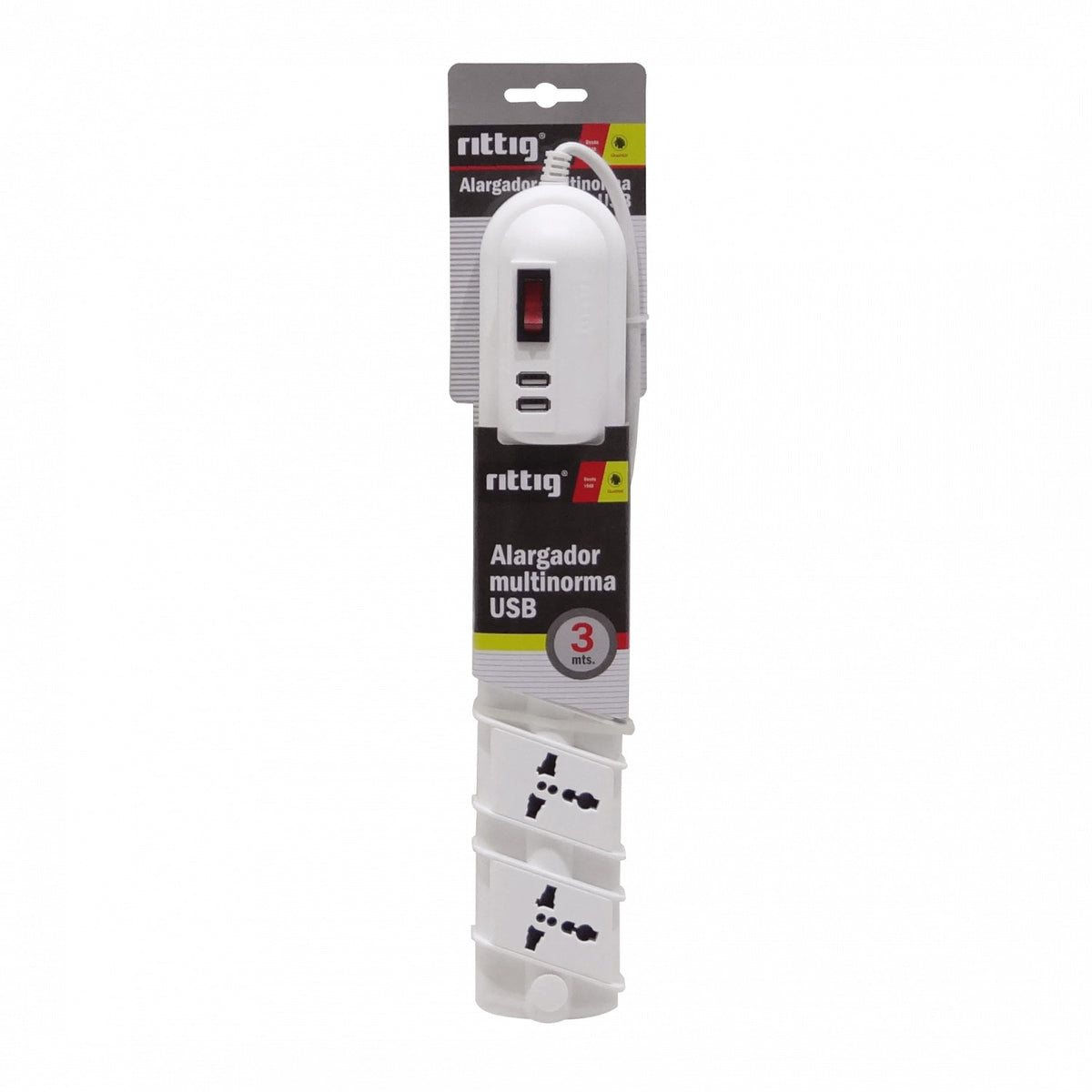 ELG-35WT RITTIG Blanco Regleta 5-Tomas Múltiples 2-Puertos USB5V Extensión 3metros 10A-250V 2200W Indicador Luminoso-Interruptor