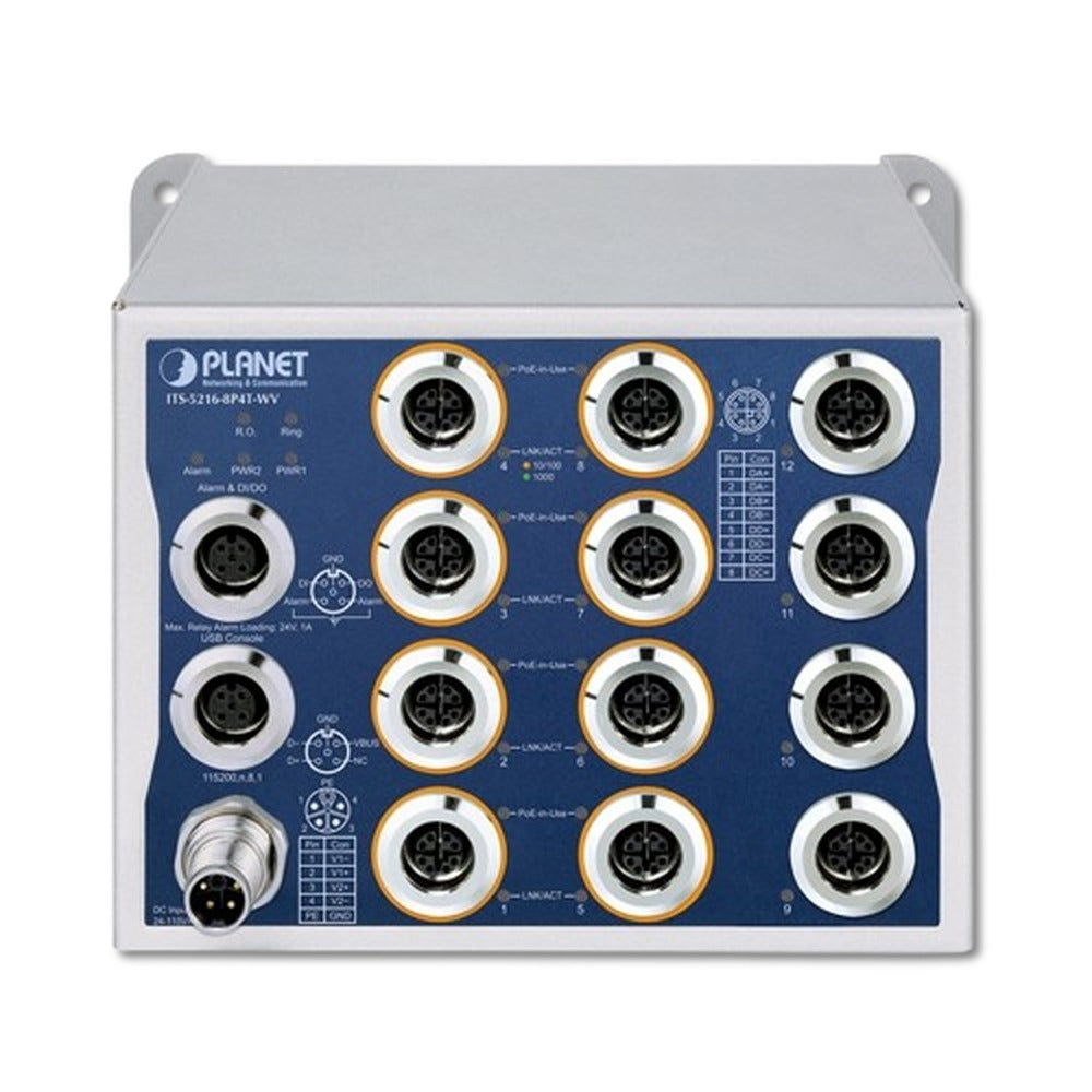 Switch Industrial L2+ 8 Puertos Gigabit PoE+ M12 + 4 Puertos Gigabit M12 PLANET ITS-5216-8P4T-WV