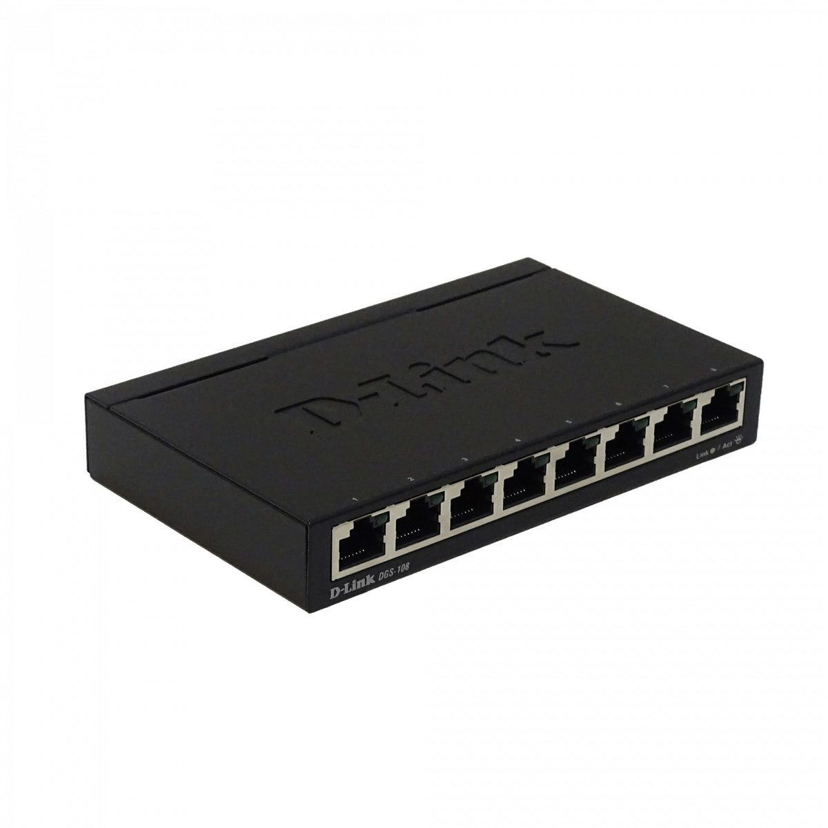 DGS-108. Conmutador D-LINK con carcasa metálica de 8 puertos a 1000 Mbps Gigabit, sin administración, no apto para bastidor, formato reducido, incluye fuente de 5V