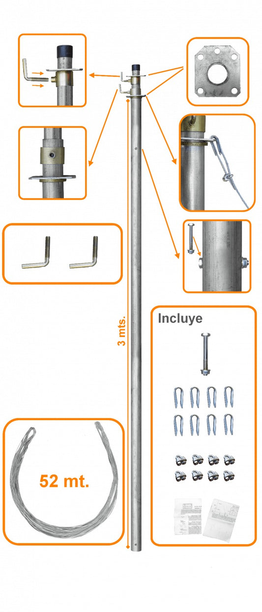 MAST-20 LINKMADE Mástil Telescópico de 20 pies (6 metros) con Tensores 2-Tubos-de-3m
