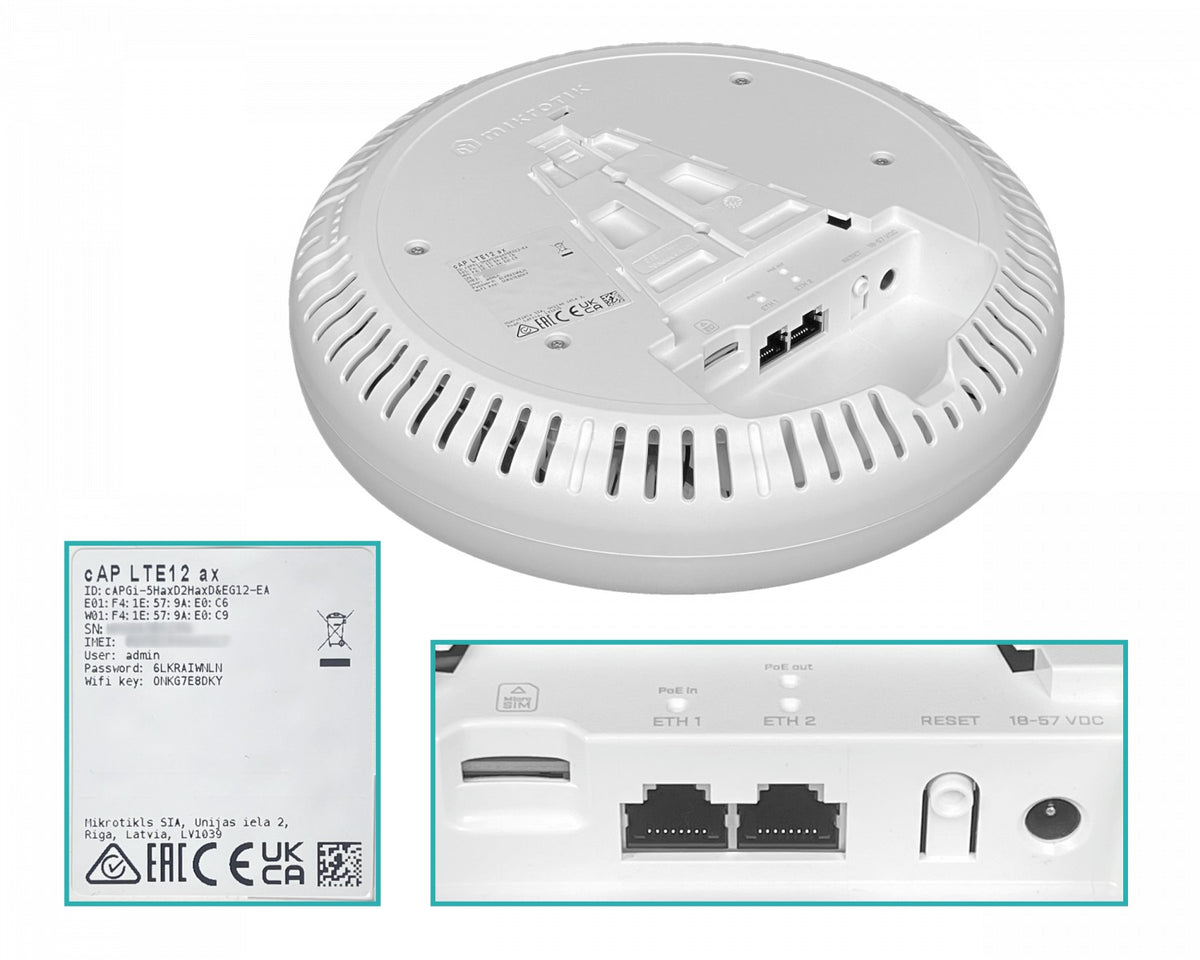 CAP-LTE12-AX MIKROTIK WiFi6 6dBi 2,4GHz-574 5GHz-1200 L4 entrada-48V 1-ranuraSIM 2-puertos-1000-PoE