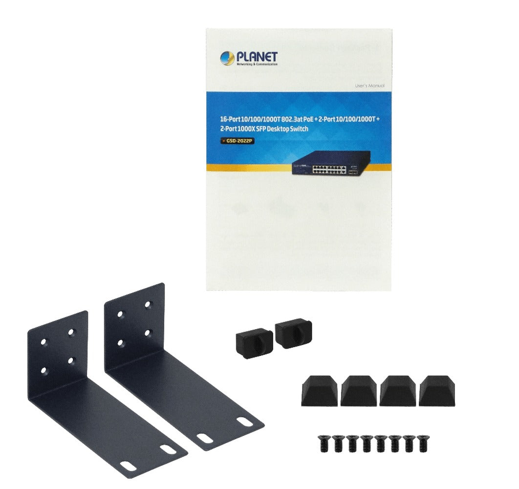 GSD-2022P PLANET Switch rackeable de 19 pulgadas con 18 puertos a 1000Mbps (16 PoE+ af/at), presupuesto total 185W y 2 ranuras SFP