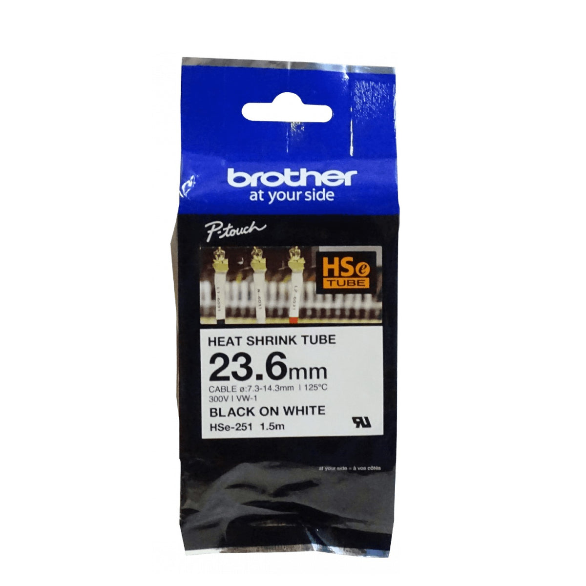 HSE-251 BROTHER 23,6mm Termocontraíble 7,3-14,3mm Negro sobre Blanco Rotulador 1,5 metros