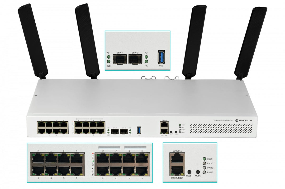 CRS418-8P-8G-2S+5AXQ MIKROTIK WiFi6 17-1000(8-PoE+) 150W 2-SFP+ 5/2,4GHz Entrada USB Capa-2 2-220VAC