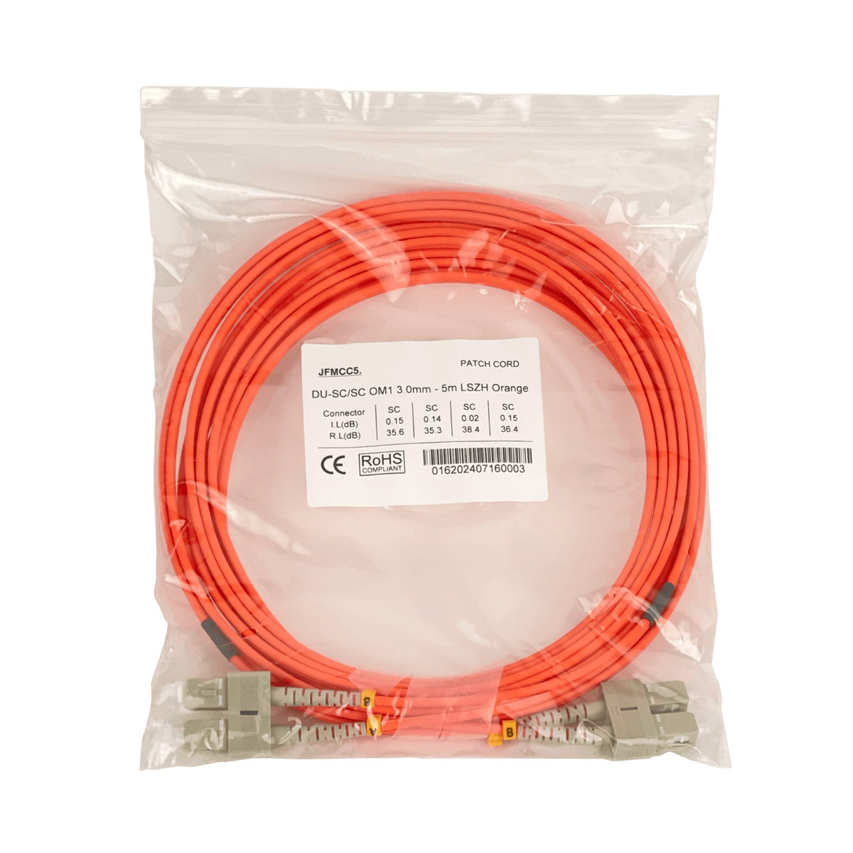 JFMCC5 Cable de fibra óptica dúplex SC-SC OM1 Multimodo MM de 5 metros, 62.5/125µm, cubierta LSZH de 3mm