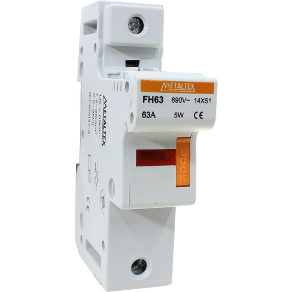 Portafusible metaltex 14x51mm 63A con identificador de fusible quemado serie FH - 2 Polos
