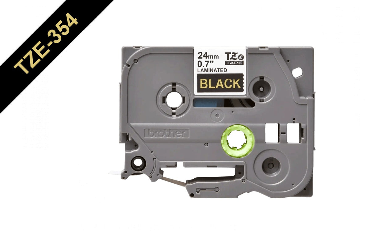 TZE-354 BROTHER Cinta de etiquetado de 24mm, impresión dorada sobre fondo negro, rollo de 8 metros, compatible con equipos PT-E550WVP, D600VP y P900W