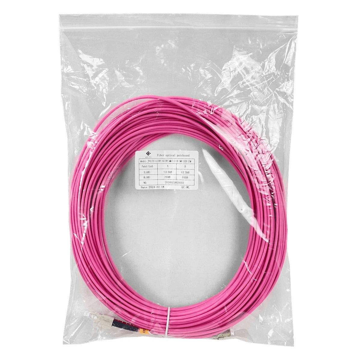 JF4LC25. Latiguillo de fibra óptica dúplex multimodo OM4 de 25 m, conectores LC-SC, cubierta LSZH, cable de 3,0 mm, núcleo 50/125 µm