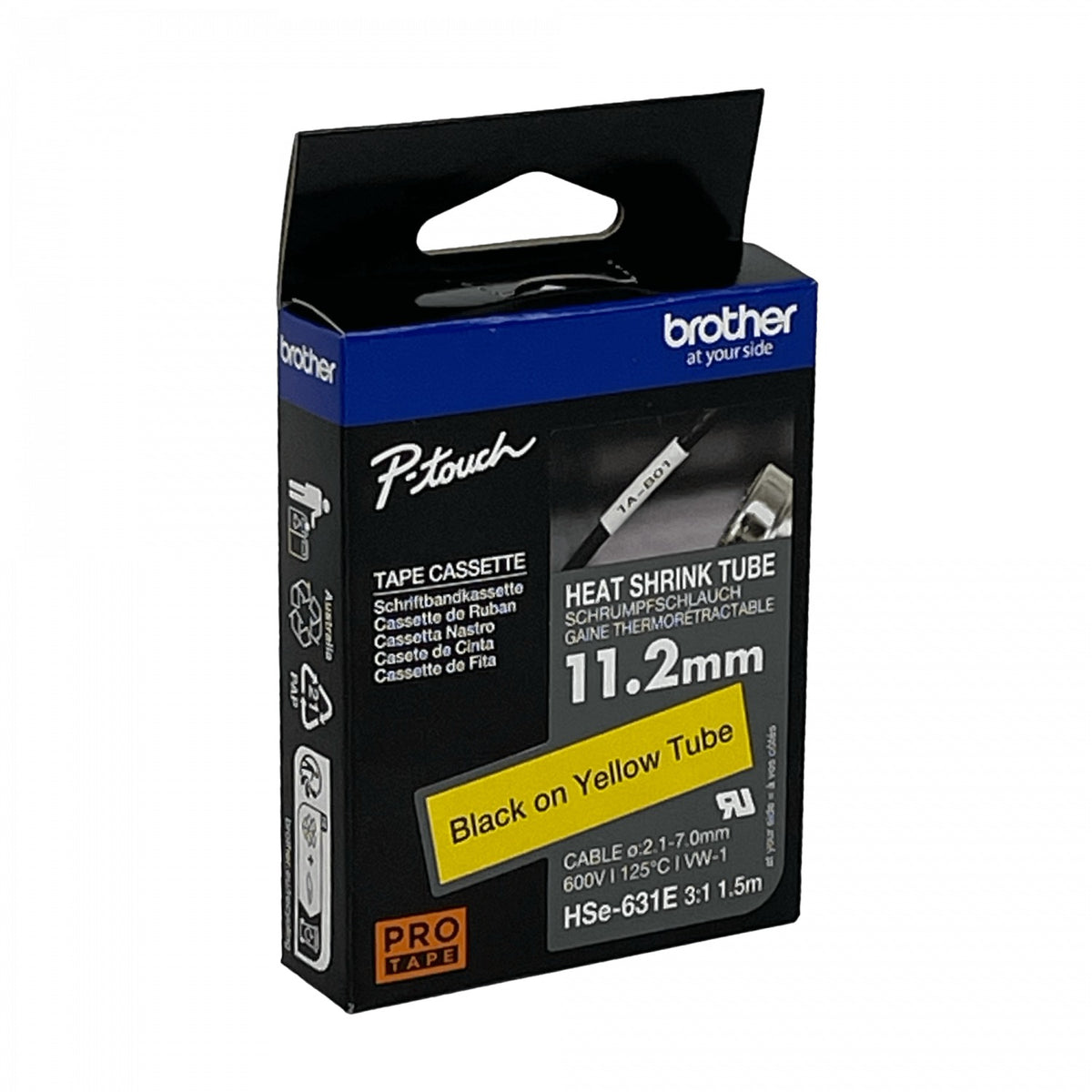 HSE-631E BROTHER 11,2mm Am Termoretractil 2,1-7mm Negro en Amarillo Tubo 1,5mt