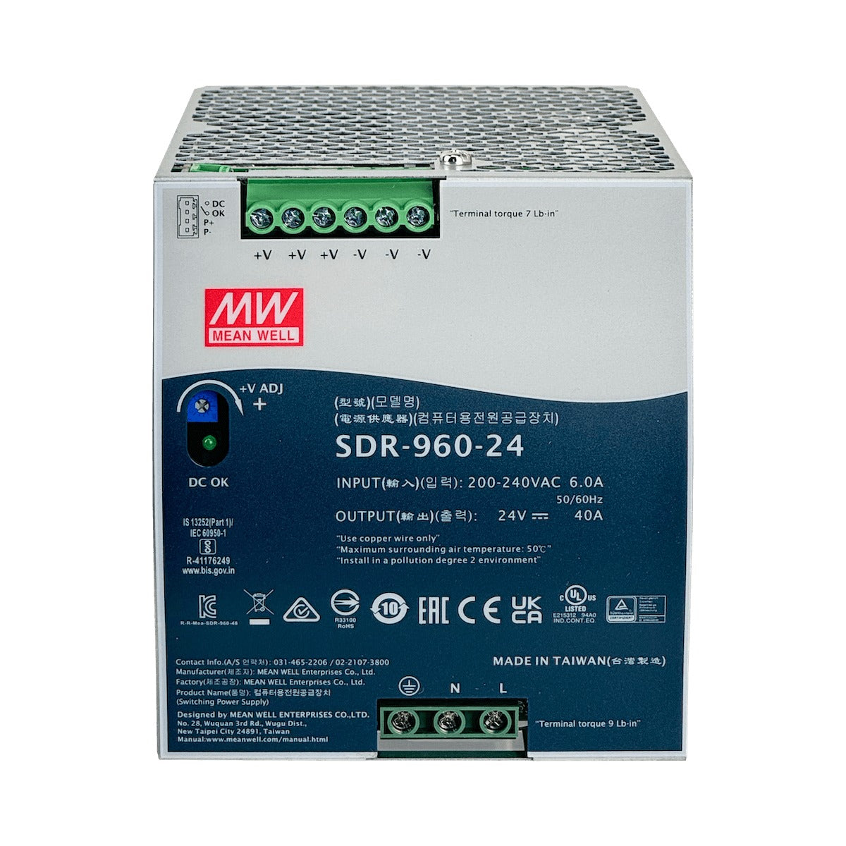 SDR-960-24. MEANWELL 24VDC 960W 40A Regulable Ancho-110mm Riel-DIN Fuente-Alimentación